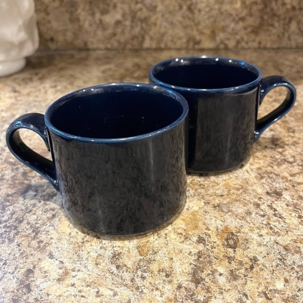Dansk Bistro Dark Cobalt Blue Ceramic Mugs 8 oz. Flat Coffee Cups Set of 2 Japan